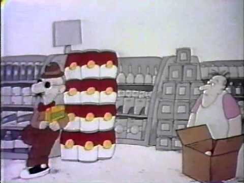 Classic Sesame Street animation- a man stacks 12 cans