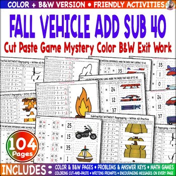 Cut Paste Game Mystery Color Fall Vehicle Add Sub 40 B&W Math Exit Tickets Work