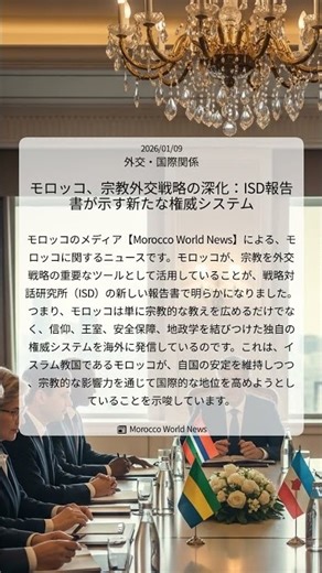 モロッコ、宗教外交戦略の深化：ISD報告書が示す新たな権威システム｜Morocco World News｜2026/01/09｜外交・国際関係