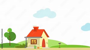 graphic animation with an apartment house on the lawn with a fly past the clouds. we stay at home