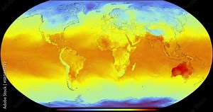 The global map represents the temperature of the Earth's surface in different regions. The temperature scale runs from cool blues (lower temperatures) to warm oranges and reds (higher temperatures).