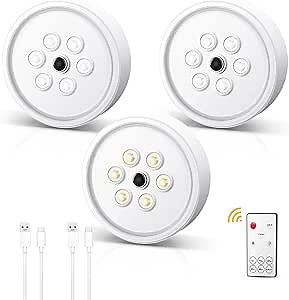 LED Puck Lights with Remote Control, Wireless Motion Sensor Under Cabinet Lighting, 3 Colors USB Rechargeable Dimmer Step Light, Night Safe Light for Closet, Kitchen, Counter, Stairs (3 Pack)