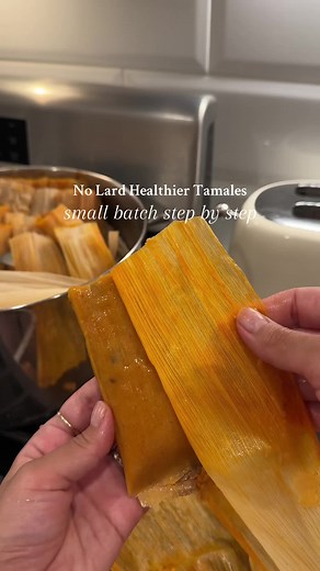 My version of healthier tamales, Step by Step & easy to follow recipe 🫔 ⬇️ read full caption for recipe and instructions. Meat instructions: You can use your protein of choice: beef, pork, or chicken - 2.5lb or beef chuck roast - 1 onion - 1 whole garlic head - 2 bay leaves - 2 tbsp salt * simmer until tender about 2.5 hours * shred beef and save and strain broth for the masa Red sauce: - 5 guajillos - 1 or 2 chile ancho - 9 tomatillos (you can really use any tomato) - 5-6 garlic cloves - 1 tsp