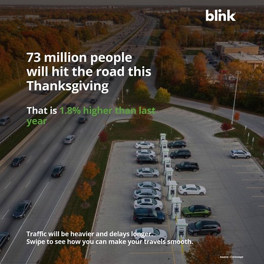 ⚡ Power Your Holiday Road Trip with Blink! ⚡ Planning a Thanksgiving getaway? Don’t let a low battery slow you down. Cold weather can impact your EV range, but Blink’s 100,000 reliable chargers keep you powered across cities, suburbs, and every stretch in between. 👉 Swipe to see how Blink makes your holiday travel stress-free! 🦃 Locate chargers easily with PlugShare, Apple Maps, or Google Maps — and drive with confidence this season. #EVChargingNetwork #ThanksgivingTravel #ElectricMobility #Bl