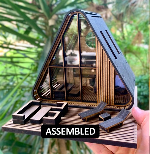 Modern A-frame Miniature House | 1:48 Scale Assembled Wooden Micro Dollhouse With Furniture | Ready to Display Architectural Model - Etsy