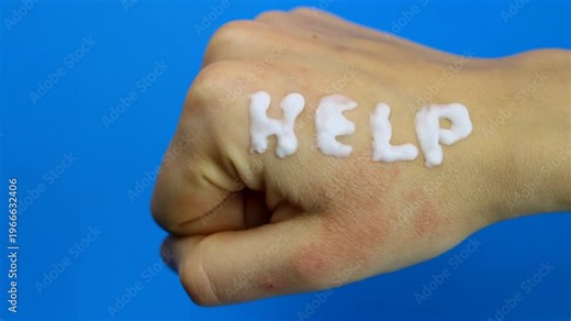 Hand with the word help written in cream slowly clenching and unclenching on a blue background