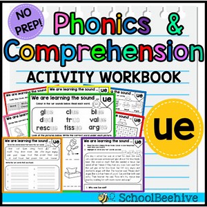 'ue' Phonics and Reading Comprehension Worksheets