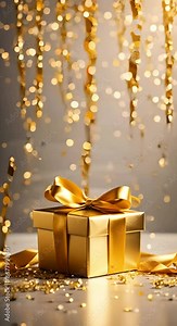 Festive party vertical video background with golden gift box and confetti, birthday. Perfect for commercials and promotions, for advertising products or services related to gift boxes, accessories