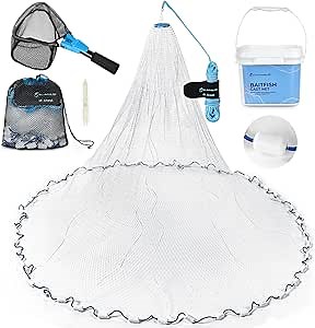 Calamus Cast Net 3/8" Mesh for Freshwater and Saltwater, 3ft-6ft Radius Casting Nets with Heavy-Duty Sinking Nylon Line, Mesh Storage Bag & Storage Bucket & Net Repair Kit
