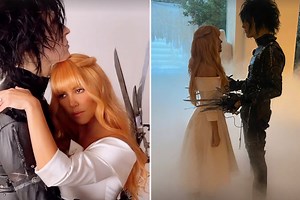 Kourtney & Travis cuddle while dressed as Edward Scissorhands & Kim Boggs