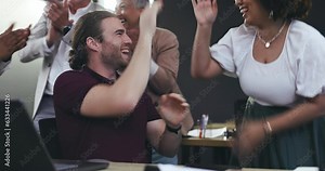 Clapping, high five and business man on computer for bonus, startup goals and profit or project celebration in office. Happy group of people with teamwork, success and support, wow or news on laptop