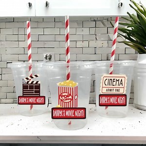 Personalized Movie Themed Party Cups With Striped Straws and Lids!, Showtime Plastic Party Cups - Etsy