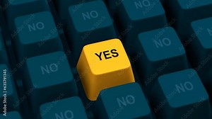 Bright yellow key with word yes as concept of any positive choice and agreement 3D 4K looped animation