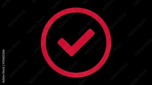 Animation of the red circle check mark icon. Smooth and simple animation of check marks on white, black and green screen chroma key background.