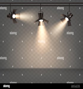 Spotlights realistic vector set. Professional photo and video lamps, hanging from above, stage equipment with warm yellow light on transparent backgro Stock Vector Image & Art - Alamy