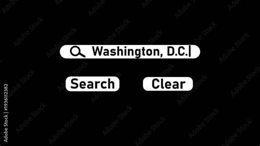 Washington D C search bar interface with magnifying glass search button and clear button on black