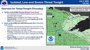 Weather briefing covering the weather conditions expected for the Fourth of July holiday weekend, including hot and humid conditions for July 4th and multiple rounds of showers and thunderstoms, including the potential for a few strong storms and minor flooding. Briefing was recorded at 1:00pm Thursday July 3, 2025 - Find the latest forecast at weather.gov/duluth | US National Weather Service Duluth Minnesota