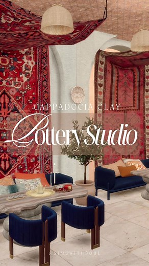 CAPPADOCIA CLAY 𐃡 functional pottery & art studio, sims 4 build cc ✨ [watch the full tour on my YT!] — Welcome to Cappadocia Clay 🌞 a serene place to relax and create some beautiful ceramics, pottery & art in the gorgeous Oasis Springs in The Sims 4. I was inspired by Turkish and Moroccan interior design, and also bohemian, artsy elements which is my absolute favourite aesthetic! This is very CC heavy (5gb) so I wasn’t sure if I should upload the tray files & cc list? Let me know if you’d like