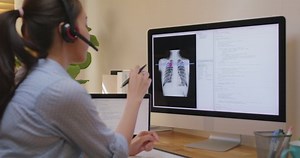 Clinical coder programmer improve future patient care service. Medtech big data tools developer automatic IT software lung X-ray covid analyze cloud computing call check python code at home office.