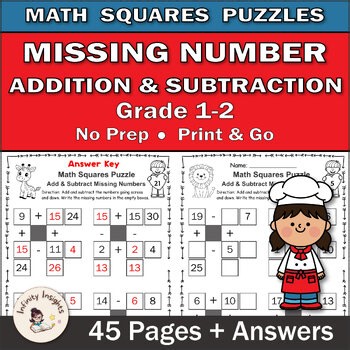 Missing Number Math Squares Grades 1-2 | Addition Subtraction Worksheets PDF