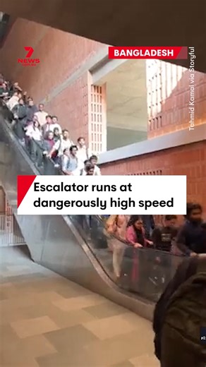 7NEWS Australia on Instagram: "This video looks like it's been put in fast forward, but it's not. Students at a Bangladeshi university had to time their jumps off an out-of-control escalator after it began running at an extremely high speed. ##highspeed escalatorjumps #outofcontrol #Bangladesh"