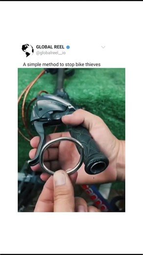 GLOBAL REEL on Instagram: "The post demonstrates a DIY anti-theft hack: threading a chain lock through the bike's hollow handlebar grip and securing it with a padlock, immobilizing steering to deter quick rides away by thieves. Posted on December 18, 2025, it garnered over 7 million views and 3,800 likes within 24 hours, sparking humorous replies questioning if thieves could simply carry the bike or slide off the grip. While effective against opportunistic theft per user anecdotes and similar mo
