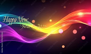 Colorful graphic celebrating New Year 2025 with vibrant swirls and festive elements.