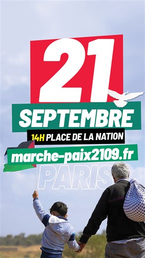 📢 Le 21 septembre, journée internationale de la paix, mobilisons-nous contre le génocide à Gaza et pour la reconnaissance de l'Etat de Palestine ✊ Rendez-vous 14h, place de la Nation à Paris ➡ marche-paix2109.fr/ | PCF - Parti Communiste Français