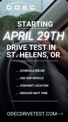 Hey St. Helens — we’re coming to you!✅ Drive tests start April 29 at our newest location. Skip the long lines and book your test now with ODEC! Let’s hit the road! #StHelensDrivers #OregonDriveTest #ODEC | Oregon Driver Education Center | Facebook