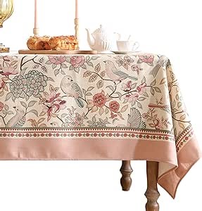 patdrea Designer Pink Linen Table Cloth for Rectangle Table,Vintage Floral with Birds Pattern Decorative Tablcloth,French Table Cover for Kitchen Dining,Thanksgiving,Christmas,55"x71"-Kulom a