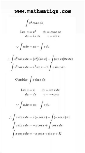Integral of x^2 cosx || Integration by parts #short #integration #mathmatiqs