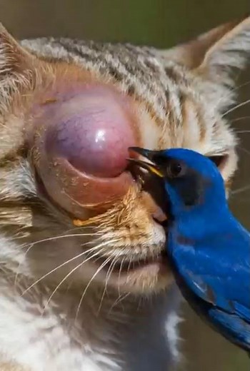 Brave Blue Bird Removes Maggots from Cat's Eye! (Close-up Rescue) #wildlife #wildliferescue #animals