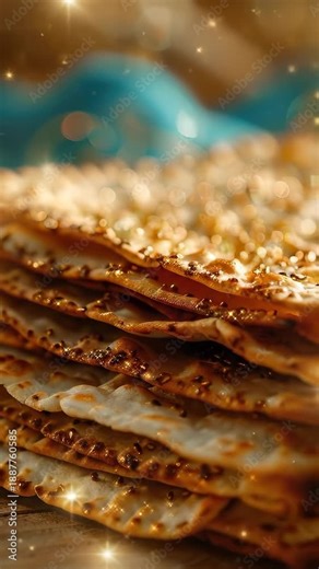 Golden brown stack of traditional unleavened matzah crackers, a sacred symbol representing freedom and remembrance for the joyous Jewish Passover holiday and Seder feast