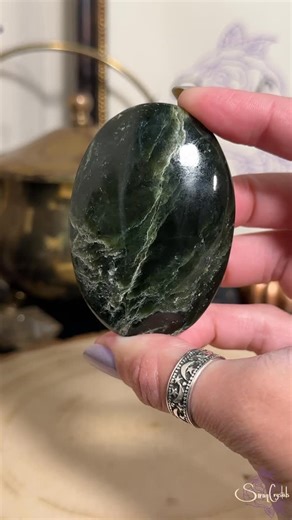 Siran on Instagram: "Here’s a beautiful, deep green Nephrite Jade palm stone. This one sold but there’s one left in my Etsy Shop! 💚 Una hermosa piedra de palma de Jade Nefrita con un color verde bien intenso. ¡Vendido pero queda una disponible en mi tiendita de Etsy! #nephritejade #crystals #rocksandminerals #crystalcommunity #crystalwitch"