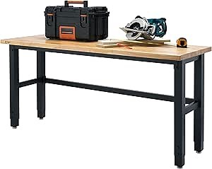 TRINITY Heavy Duty Wood Top Work Bench Adjustable Height Utility Table with Powder Coated Steel Frame for Commercial, Industrial, and Home Improvement, 2000 Pound Capacity, 34-40” H, 72” W x 24” D