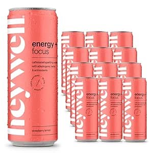 heywell Energy Adaptogenic Sparkling Water, Strawberry Lemon, 12 oz (12 Pk)