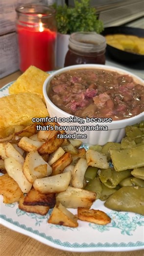 Soup beans with fried potatoes, Italian green beans, and cornbread. The ultimate comfort food. :) Soak 16 oz of pinto beans overnight, then rinse thoroughly before cooking. Add the clean beans to a large pot with smoked ham hocks and enough chicken broth to fully cover everything. Toss in one whole onion cut in half and season to your liking. Bring to a boil, then cook on medium-high heat for about 3 hours, or until the beans are soft and the meat is tender. For the fried potatoes, wash, peel, a