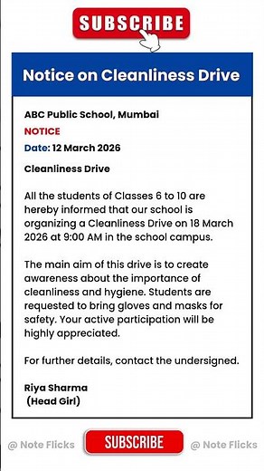 Notice on Cleanliness Drive | Notice Writing Format for School | CBSE Class 6–10