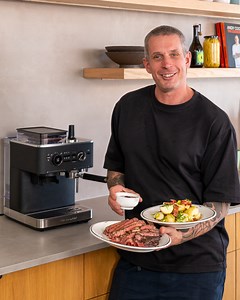 Coffee rub tomahawk steak with espresso bbq sauce using KitchenAid Australia and New Zealand Semi Automatic Espresso Machine. | Andy cooks