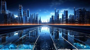 Download A futuristic city at night with a reflection in the water for free