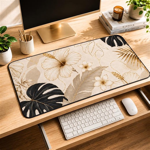 Neutral Tropical Print Desk Mat, Botanical Keyboard Mat, Floral Mouse Pad, Hibiscus Office Desk Accessory, Japandi Aesthetic Computer Mat - Etsy