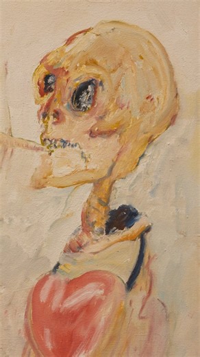 John Bellany’s Two Skeletons, 1985—a striking painting in Wakefield’s art collection—focuses on life, death and human connection. It shows two skeletons, which normally symbolise death, but Bellany paints them in a way that feels full of emotion and energy. Instead of being scary, the picture feels thoughtful and even tender. There is also an element of humour as the skeletons are depicted fighting over a fish bone—imagery which was inspired by painter James Ensor’s (1860-1949) Two skeletons fig