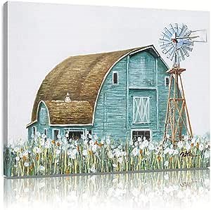 Turquoise Barn Canvas Wall Art: Handpainted Embellishment Rustic Teal Barn Bathroom Decor Old Barn Painting Framed for Farmhouse Ready to Hang (24"x32"x1 Panel)