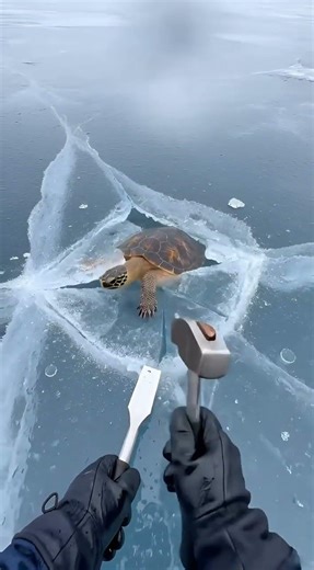 Helping a Frozen Turtle in Water