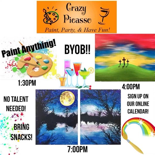 Saturday Lineup! ‍ ⬇️⬇️⬇️ 1:30pm-Paint Anything! Choose anything in our studio and create your own masterpiece!! (This class does not have the demonstration) 4:00pm-Easter Crosses! 7:00pm-Paint One or both! Make a friends night, girls night or a date night!! ‍ Purchase tickets online: CrazyPicasso.com $35 per person  It’s always BYOB!!& Food!!  No Talent Needed! Just have FUN!  | Crazy Picasso | Facebook