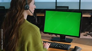 Office worker green screen computer closeup. Service manager talking client