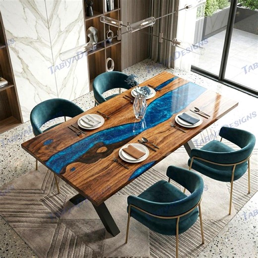 Blue Epoxy Resin Wood Dining Rectangular Ocean Handmade River Table Dining Furniture - Etsy