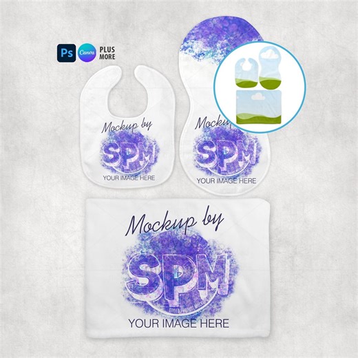 Baby Blanket Bib Burp Cloth Mockup | PSD Smart Object, Canva Frame, Transparent PNG & EPS - Etsy