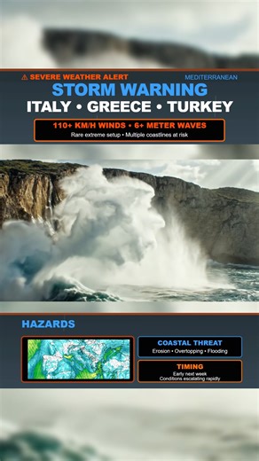 🌊⚠️ Mediterranean Storm Intensifying Fast ⚠️🌊 A major storm system is forming over the Mediterranean and the latest data shows wind gusts rising above one hundred and ten kilometers per hour with waves climbing beyond six meters. Several coastlines could face flooding, power outages, and dangerous sea conditions as the system strengthens. The atmosphere is primed with heavy moisture and strong shear, creating a setup that can push violent winds straight to the surface. This one needs close att