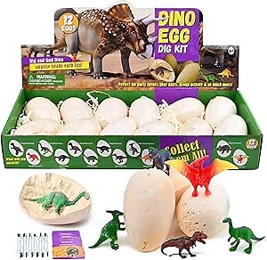 Dino Eggs Dig Kit, 12 Unique Fossil Eggs and Discover Dinosaur Excavation Tools Science STEM Digging Toy Gift Present for Boys Girls Age 6-12 Easter Egg Birthday Party, Playdates, Workshops
